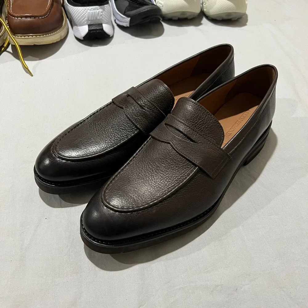 NWOB Allen Edmonds Mens Dark Choco Brown Damon Pebbled Leather Penny Loafers 12D